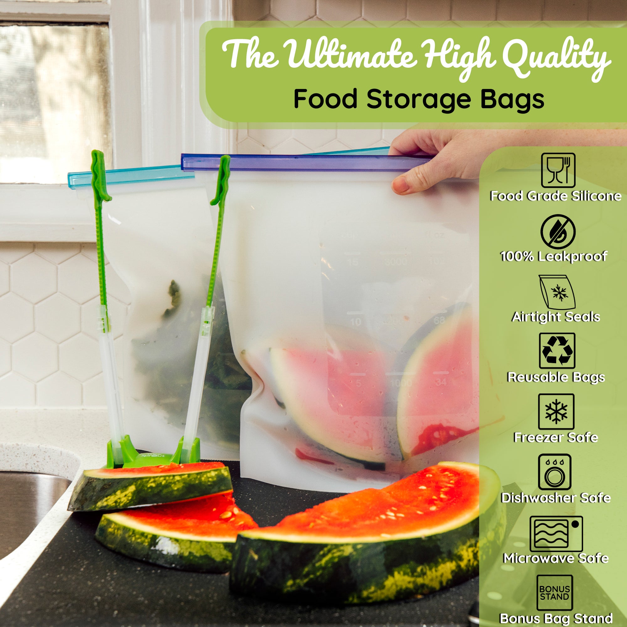 WeeSprout 100% Silicone Reusable Food Storage Bags - Set of 7 Leakproof &  Airtight Bags (Four 4 Cup Bags and Three 6 Cup Bags), Freezer, Microwave, 